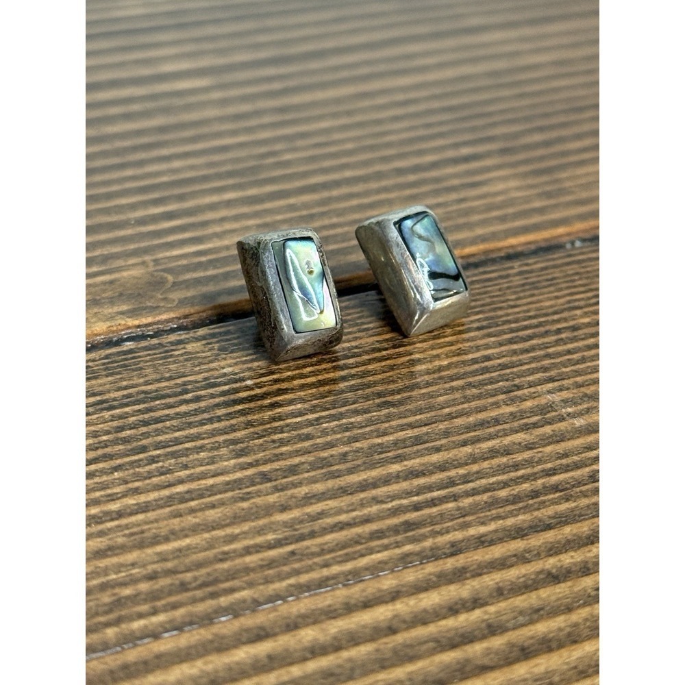 Estate 925 Sterling‎ Silver 925 Rectangle Abalone Set Stud Earrings Taxico